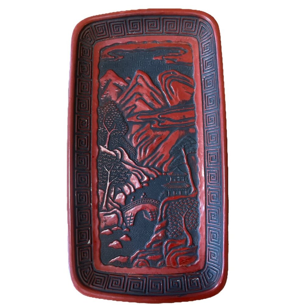 Japanese Red Cinnabar Vtg Lacquer Tray Carved Art Deco Container Scenery 8x4”